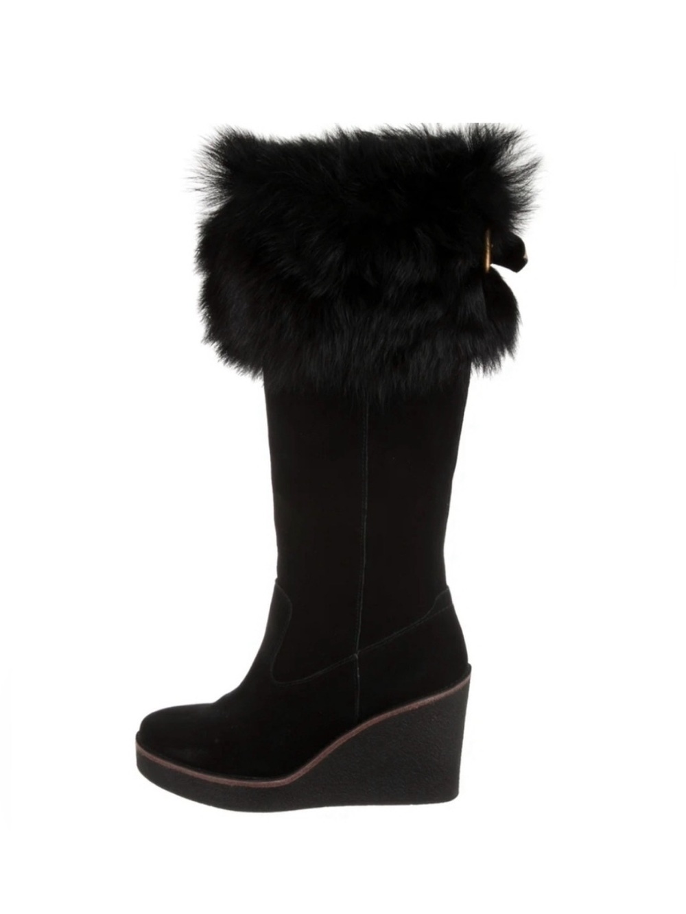 UGG - Valberg Fur Cuff Tall Black Suede Wedge Boots
